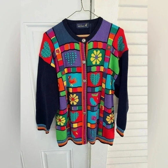Tulchan bright colorful abstract floral chicken cardigan oversize medium F42 - Picture 1 of 5